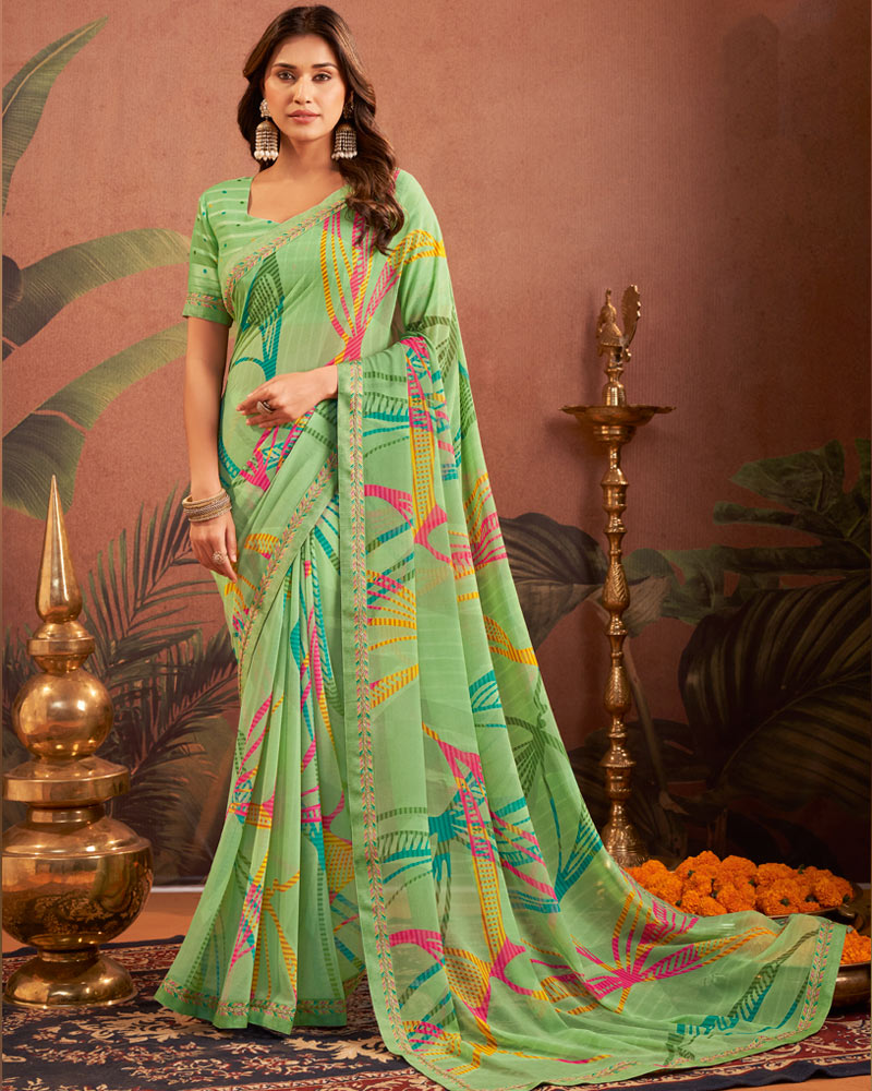Vishal Prints Teal Green Printed Georgette Saree With Fancy Border