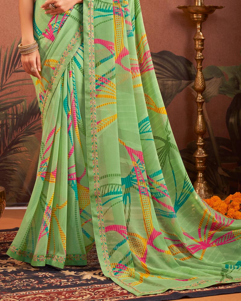 Vishal Prints Teal Green Printed Georgette Saree With Fancy Border