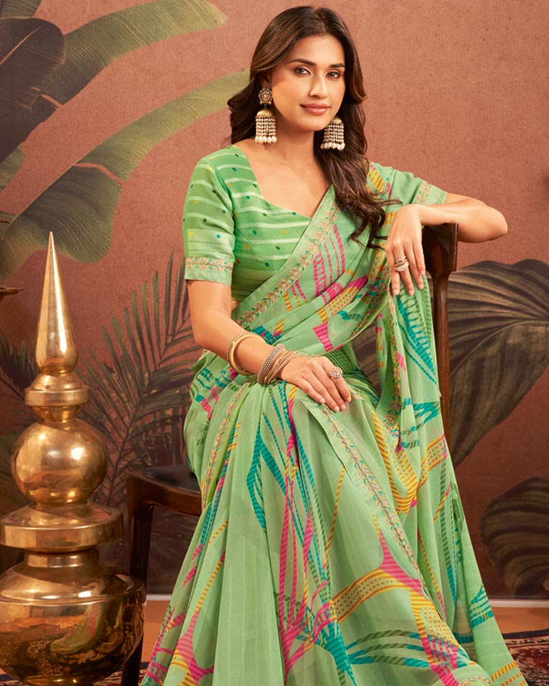 Vishal Prints Teal Green Printed Georgette Saree With Fancy Border