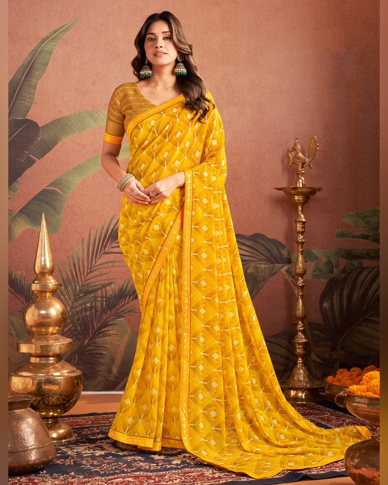 Vishal Prints Mustard Printed Georgette Saree With Fancy Border