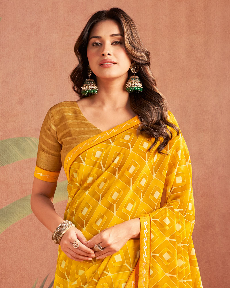 Vishal Prints Mustard Printed Georgette Saree With Fancy Border