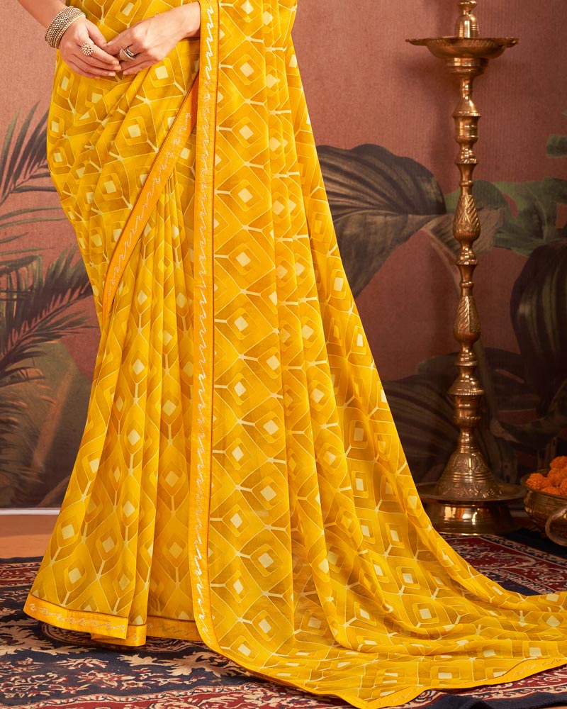 Vishal Prints Mustard Printed Georgette Saree With Fancy Border