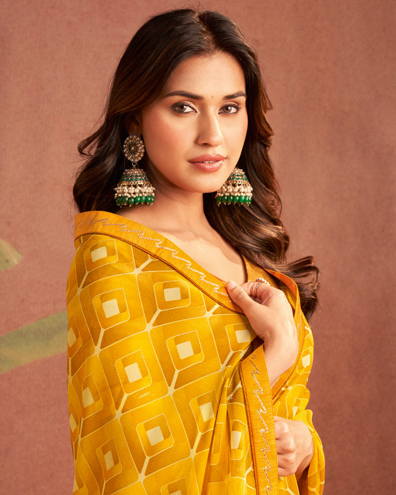 Vishal Prints Mustard Printed Georgette Saree With Fancy Border