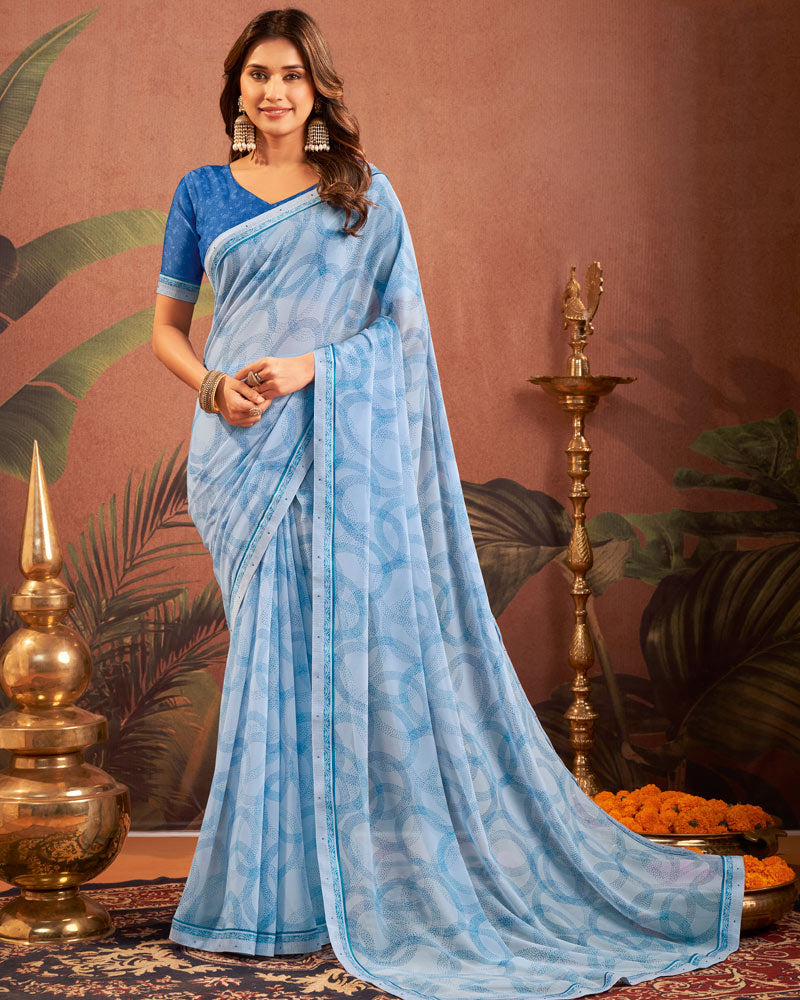 Vishal Prints Sky Blue Printed Georgette Saree With Fancy Border