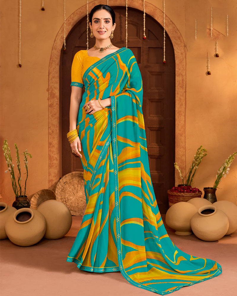 Vishal Prints Deep Sky Blue Printed Georgette Saree With Fancy Embroidery Border