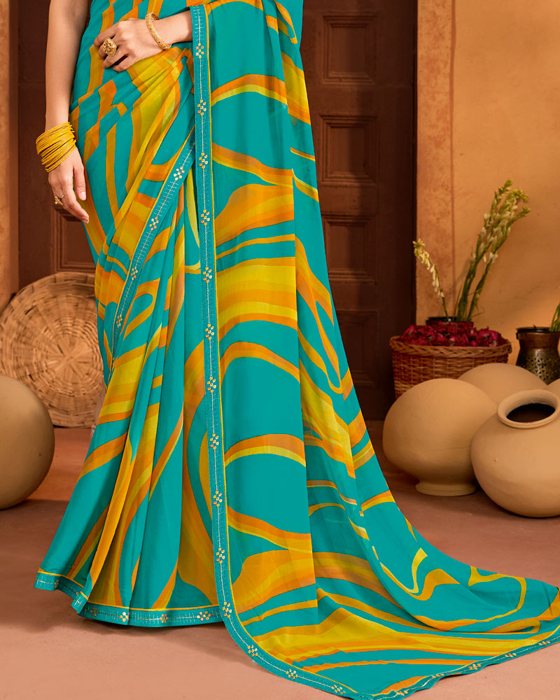 Vishal Prints Deep Sky Blue Printed Georgette Saree With Fancy Embroidery Border