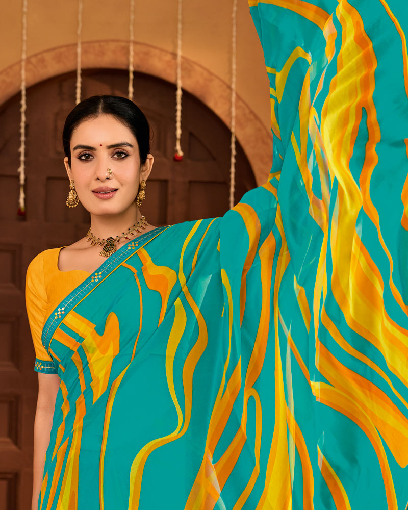 Vishal Prints Deep Sky Blue Printed Georgette Saree With Fancy Embroidery Border