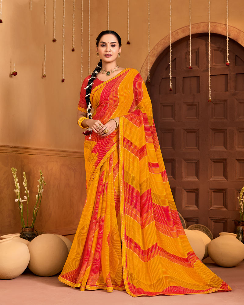 Vishal Prints Orange Red Printed Georgette Saree With Fancy Embroidery Border