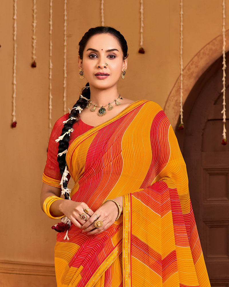 Vishal Prints Orange Red Printed Georgette Saree With Fancy Embroidery Border