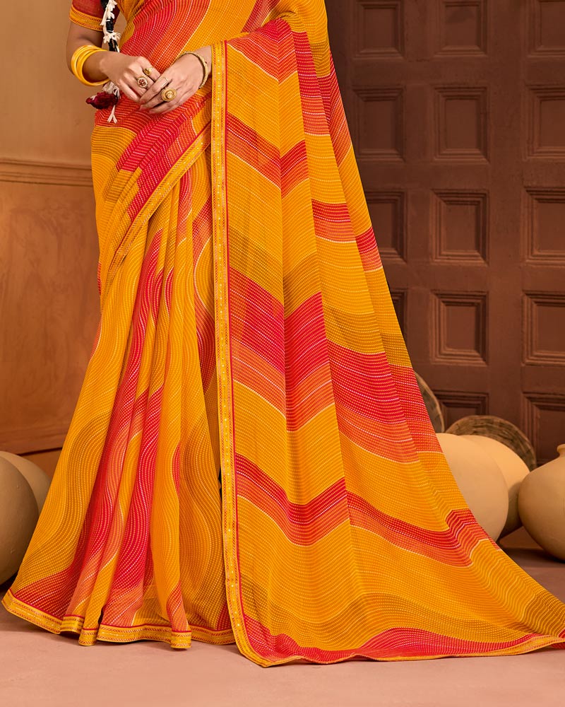 Vishal Prints Orange Red Printed Georgette Saree With Fancy Embroidery Border
