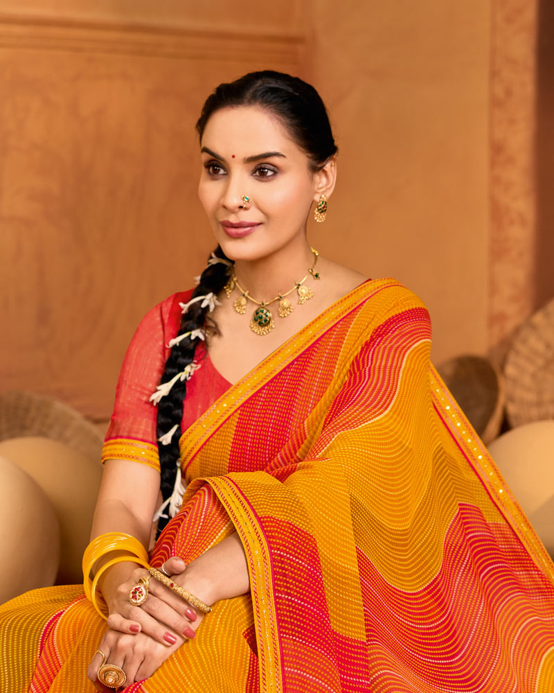 Vishal Prints Orange Red Printed Georgette Saree With Fancy Embroidery Border