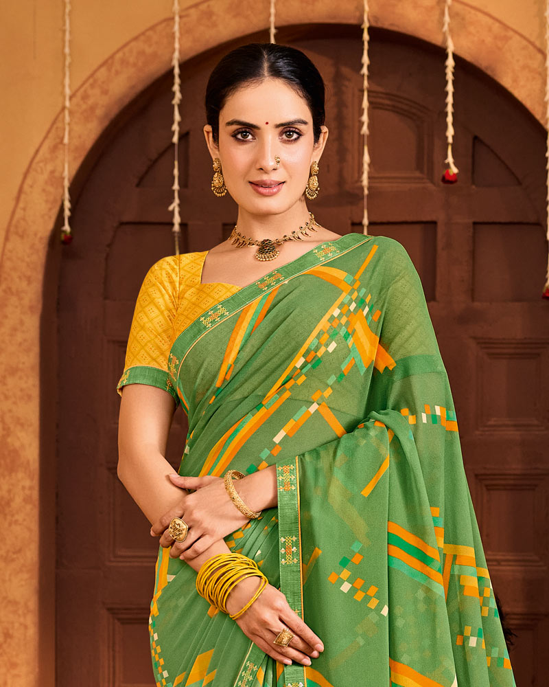Vishal Prints Sage Green Printed Georgette Saree With Fancy Embroidery Border