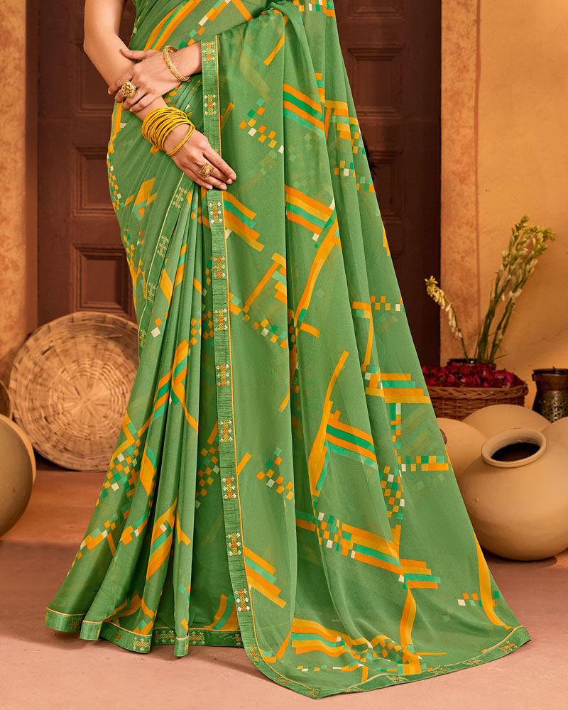 Vishal Prints Sage Green Printed Georgette Saree With Fancy Embroidery Border