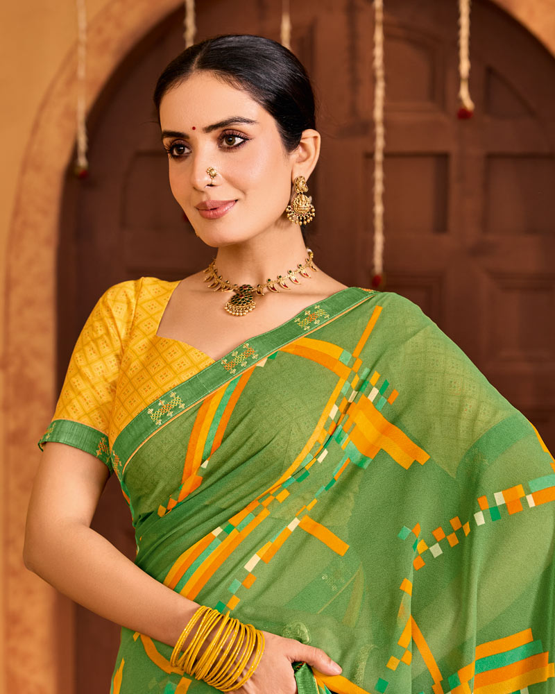Vishal Prints Sage Green Printed Georgette Saree With Fancy Embroidery Border