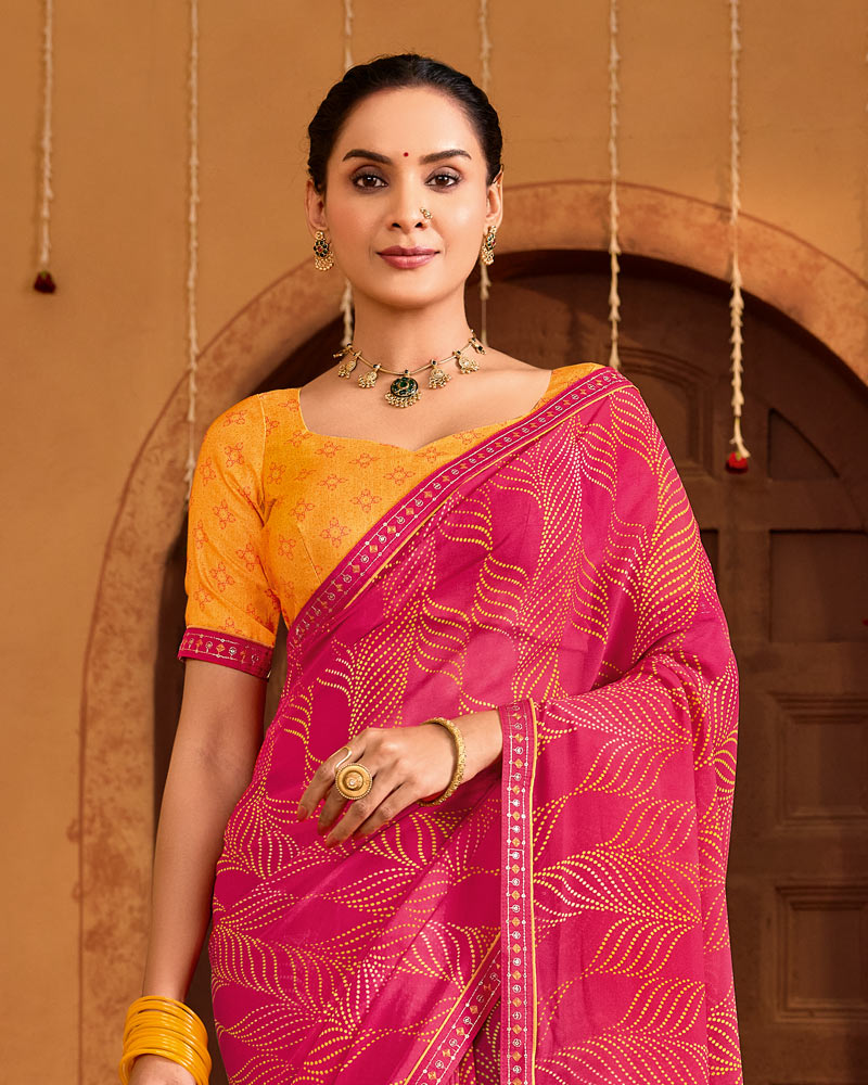 Vishal Prints Rani Pink Printed Georgette Saree With Fancy Embroidery Border