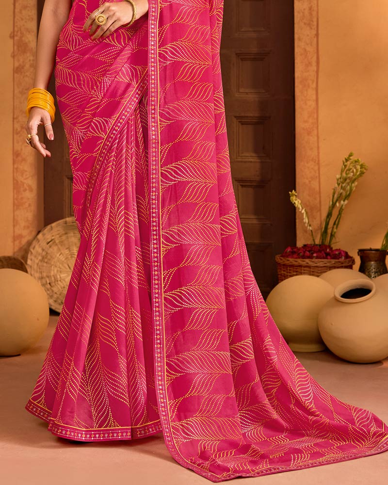 Vishal Prints Rani Pink Printed Georgette Saree With Fancy Embroidery Border