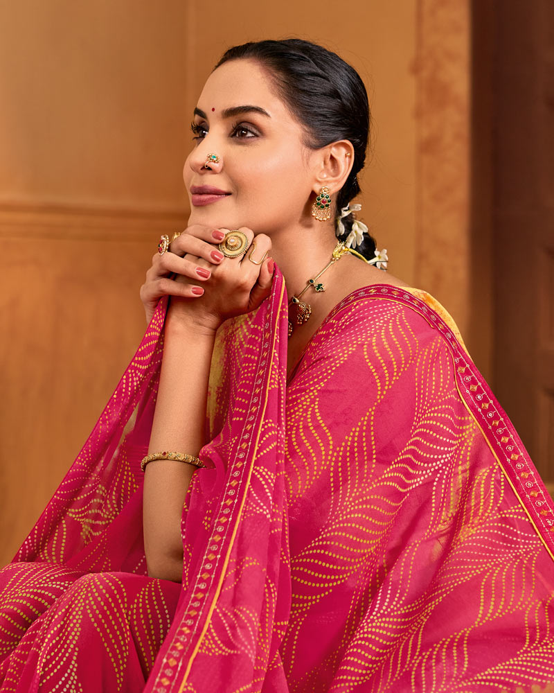 Vishal Prints Rani Pink Printed Georgette Saree With Fancy Embroidery Border
