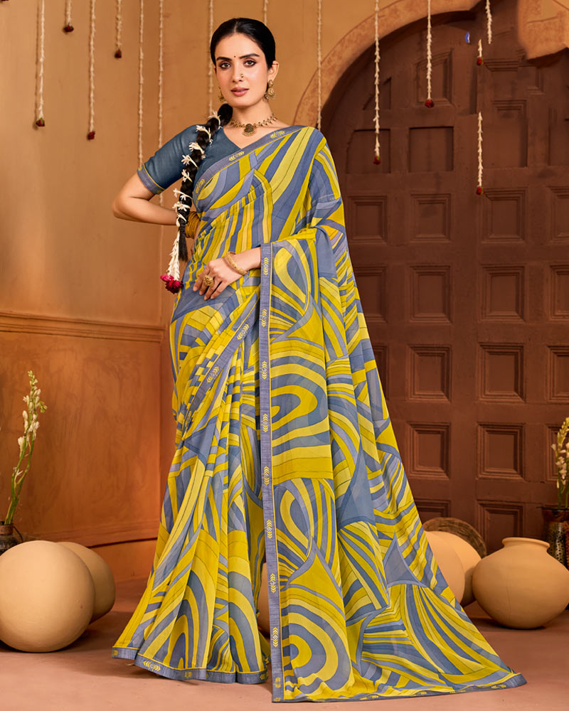 Vishal Prints Lemon Green Printed Georgette Saree With Fancy Embroidery Border