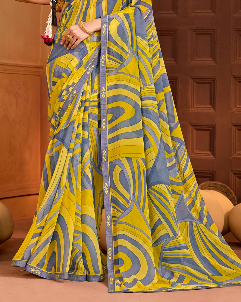 Vishal Prints Lemon Green Printed Georgette Saree With Fancy Embroidery Border