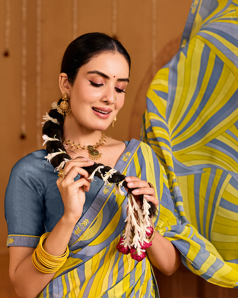 Vishal Prints Lemon Green Printed Georgette Saree With Fancy Embroidery Border
