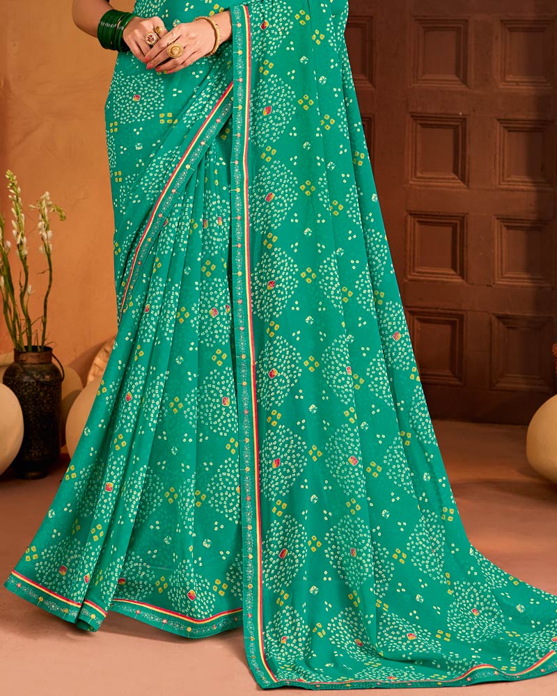 Vishal Prints Teal Green Printed Georgette Saree With Fancy Embroidery Border