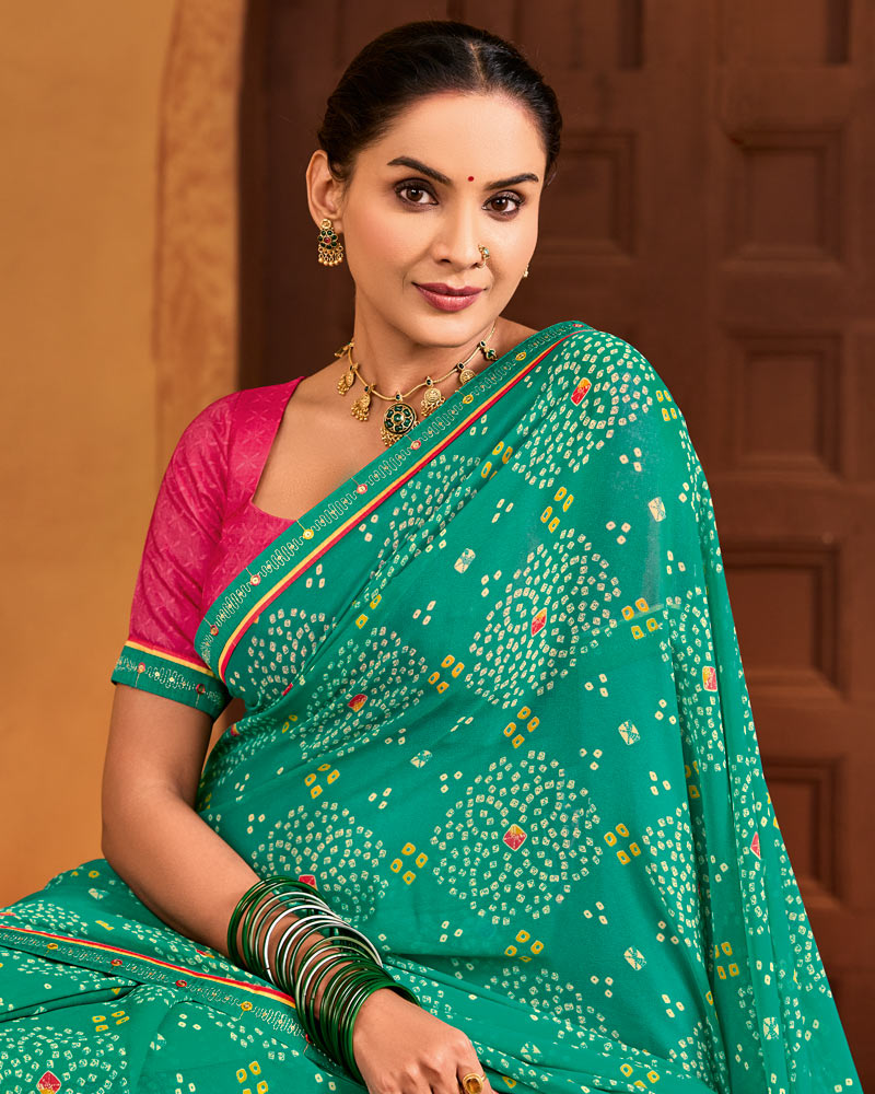 Vishal Prints Teal Green Printed Georgette Saree With Fancy Embroidery Border