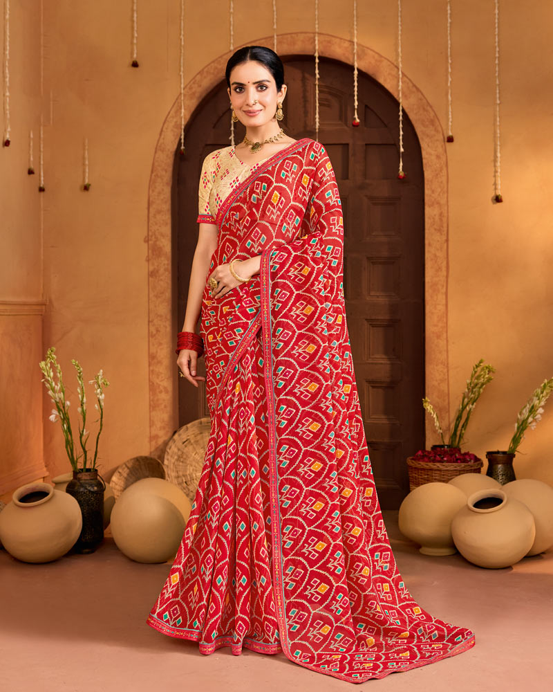 Vishal Prints Sindoori Red Printed Georgette Traditional Print Saree With Fancy Embroidery Border