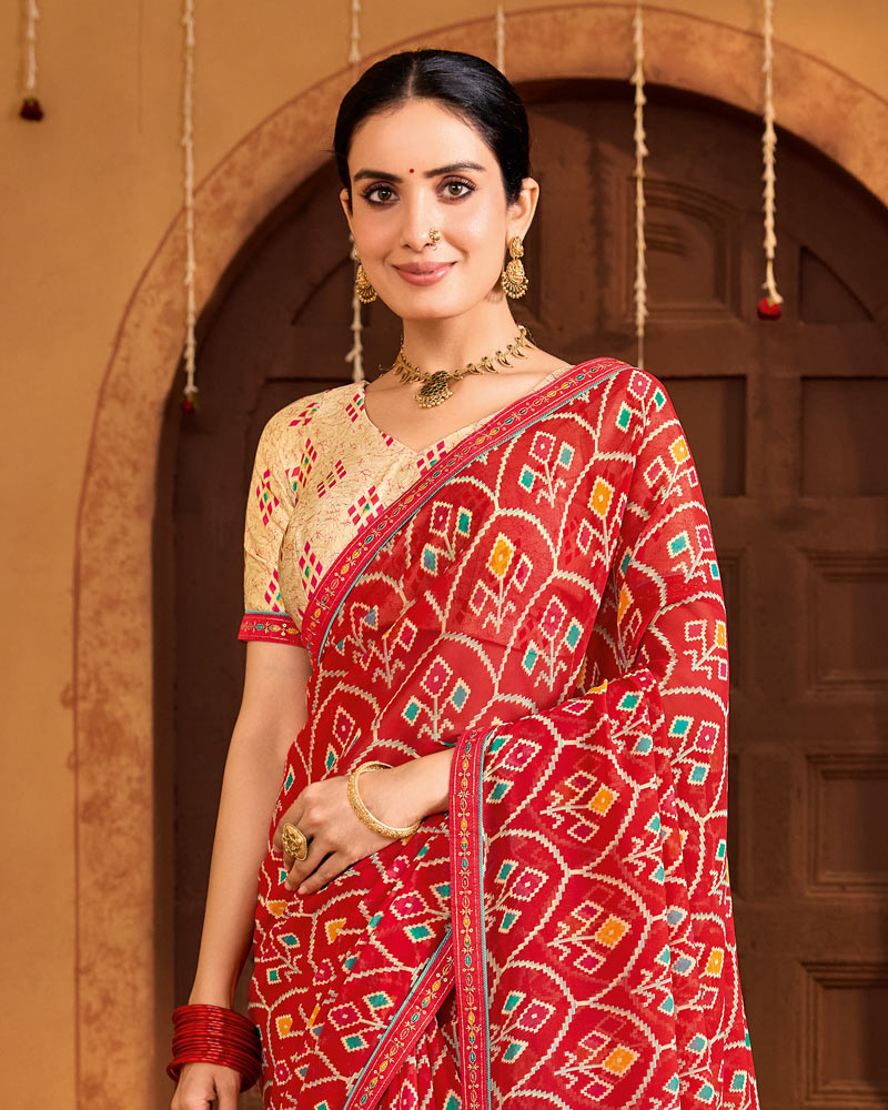 Vishal Prints Sindoori Red Printed Georgette Traditional Print Saree With Fancy Embroidery Border