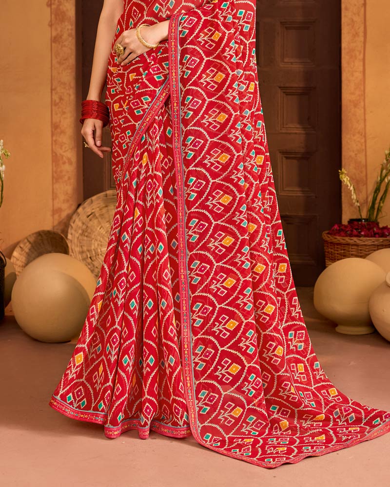 Vishal Prints Sindoori Red Printed Georgette Traditional Print Saree With Fancy Embroidery Border