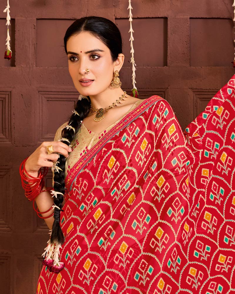 Vishal Prints Sindoori Red Printed Georgette Traditional Print Saree With Fancy Embroidery Border