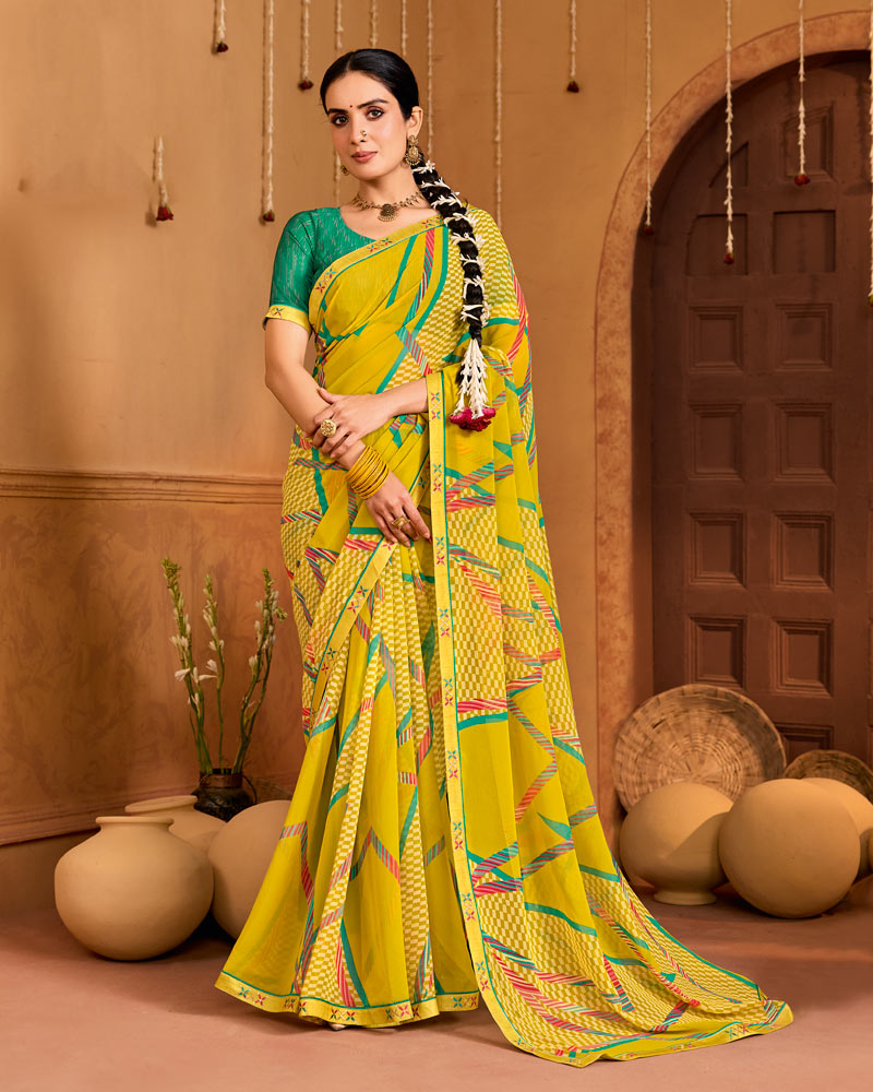 Vishal Prints Butter Yellow Printed Georgette Saree With Fancy Embroidery Border