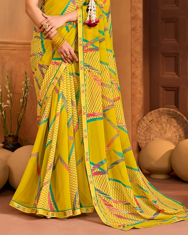 Vishal Prints Butter Yellow Printed Georgette Saree With Fancy Embroidery Border