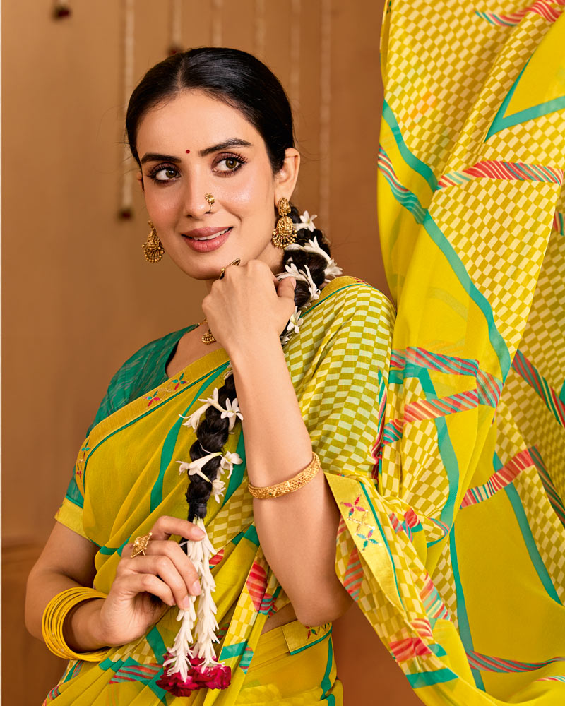 Vishal Prints Butter Yellow Printed Georgette Saree With Fancy Embroidery Border