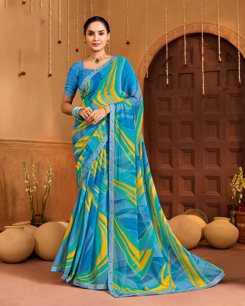 Vishal Prints Electric Blue Printed Georgette Saree With Fancy Embroidery Border