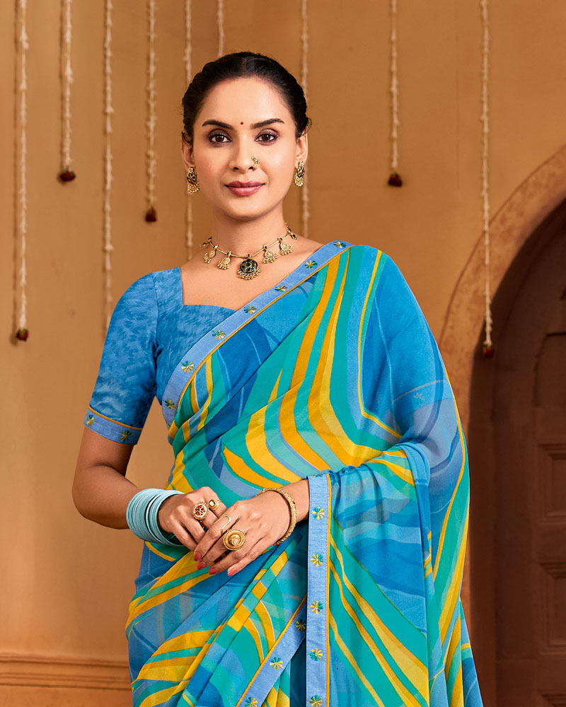 Vishal Prints Electric Blue Printed Georgette Saree With Fancy Embroidery Border