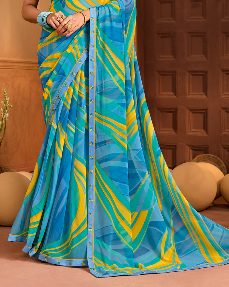 Vishal Prints Electric Blue Printed Georgette Saree With Fancy Embroidery Border