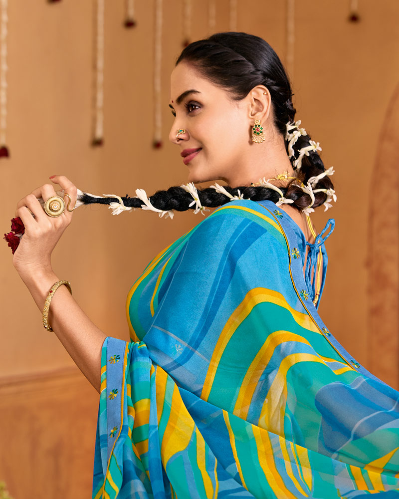 Vishal Prints Electric Blue Printed Georgette Saree With Fancy Embroidery Border