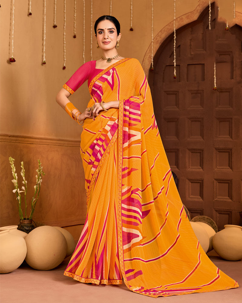 Vishal Prints Orange Printed Georgette Saree With Fancy Embroidery Border