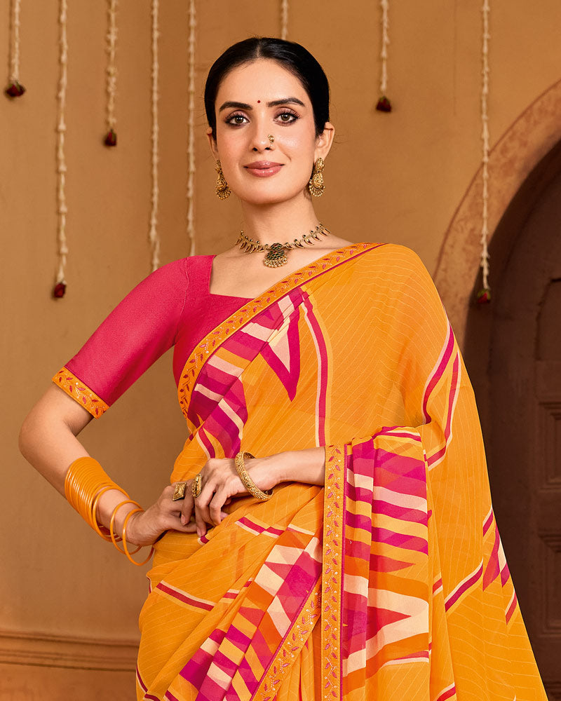 Vishal Prints Orange Printed Georgette Saree With Fancy Embroidery Border