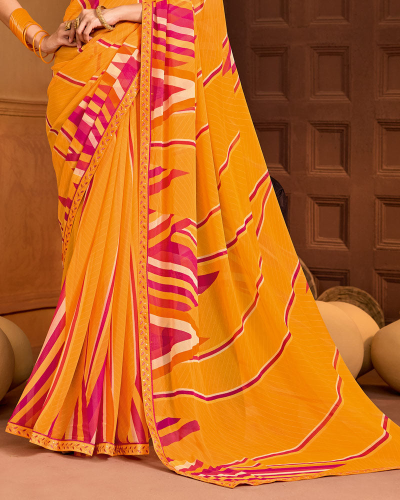 Vishal Prints Orange Printed Georgette Saree With Fancy Embroidery Border