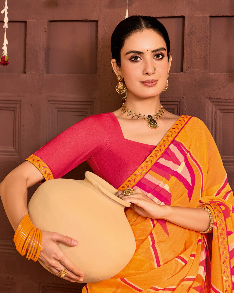 Vishal Prints Orange Printed Georgette Saree With Fancy Embroidery Border