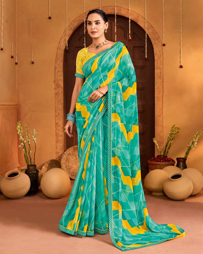 Vishal Prints Sea Green Printed Georgette Saree With Fancy Embroidery Border