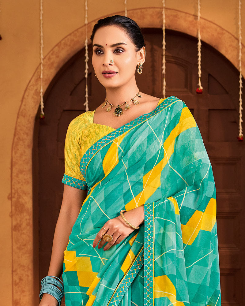 Vishal Prints Sea Green Printed Georgette Saree With Fancy Embroidery Border