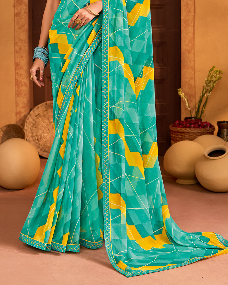 Vishal Prints Sea Green Printed Georgette Saree With Fancy Embroidery Border