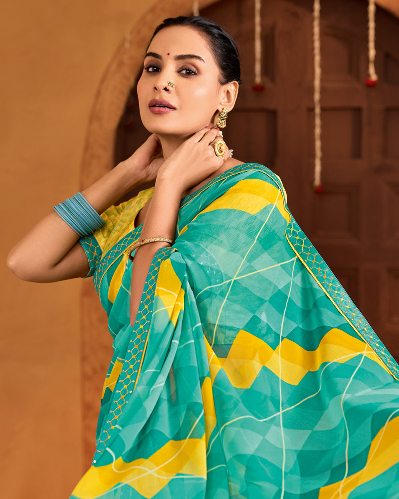 Vishal Prints Sea Green Printed Georgette Saree With Fancy Embroidery Border
