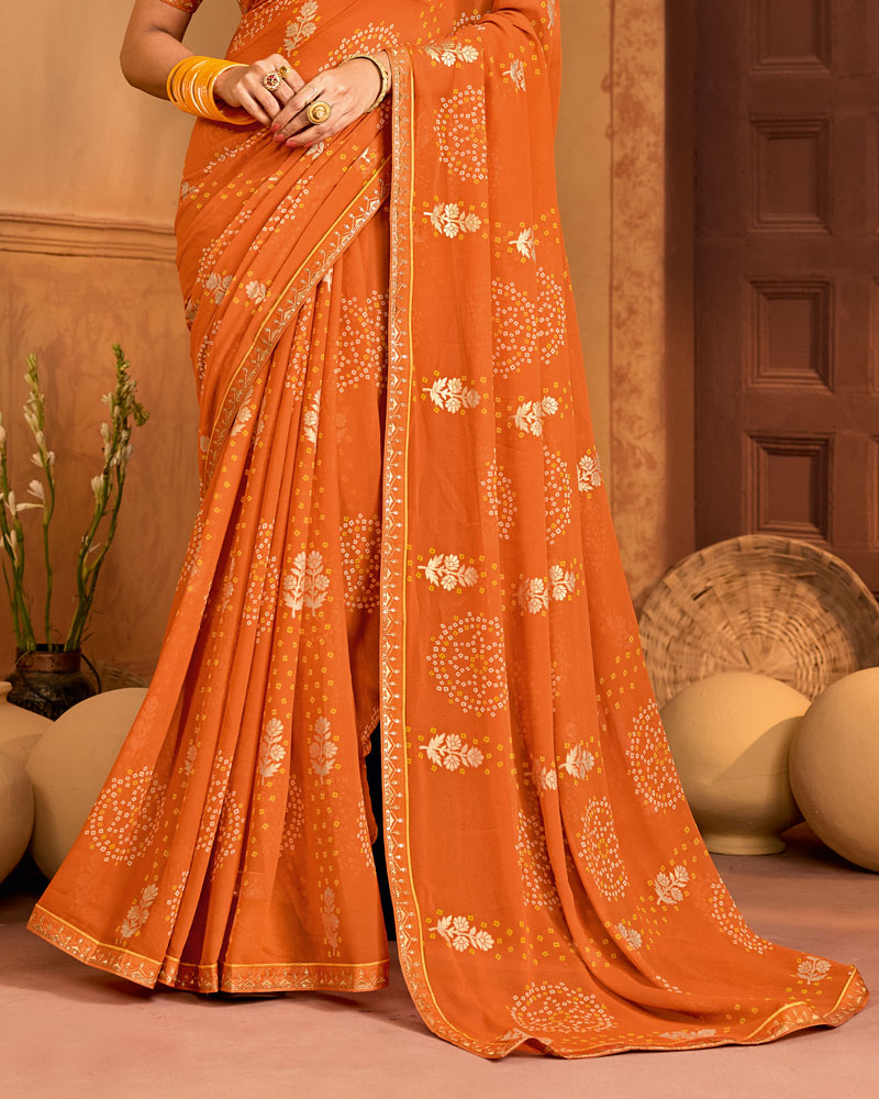 Vishal Prints Dusty Orange Printed Georgette Traditional Print Saree With Fancy Embroidery Border