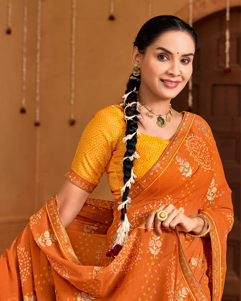 Vishal Prints Dusty Orange Printed Georgette Traditional Print Saree With Fancy Embroidery Border