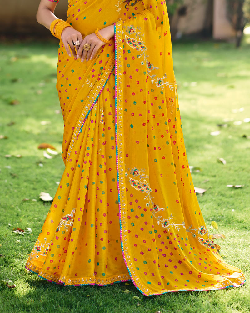Vishal Prints Bright Yellow Traditional Printed Fancy Chiffon Saree With Foil Print And Embroidery Border