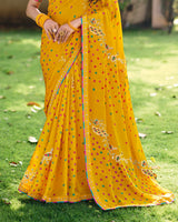 Vishal Prints Bright Yellow Traditional Printed Fancy Chiffon Saree With Foil Print And Embroidery Border