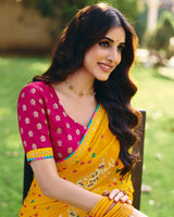 Vishal Prints Bright Yellow Traditional Printed Fancy Chiffon Saree With Foil Print And Embroidery Border